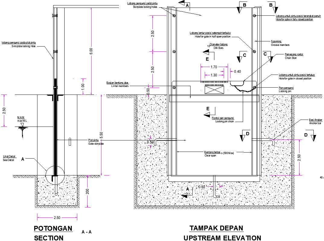 Upstream elevation and section cad drawing is given in this file