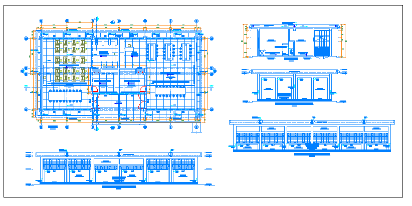 Urban college elevation, section and plan details dwg file
