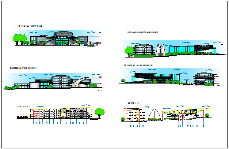 Urban cultural center elevation and sectional details dwg file