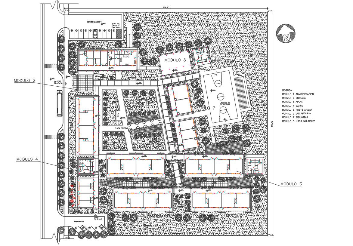 Urbanized school landscaping with structural layout plan details dwg file