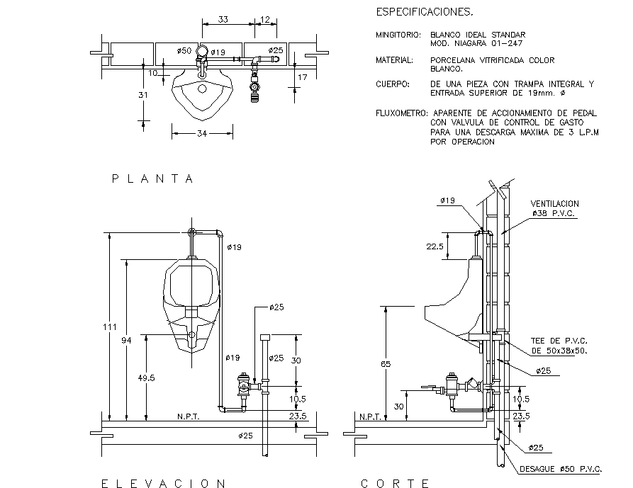 Urinal elevation detail dwg file