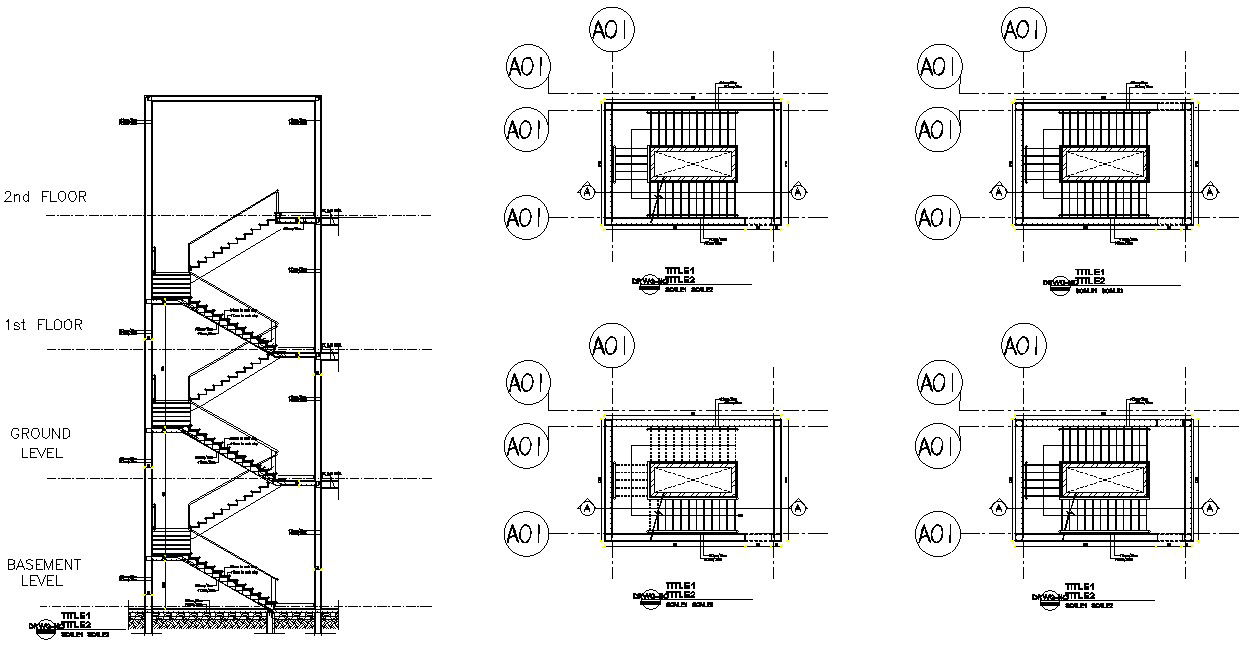 U-Shaped Staircase Detail Plan and Sectional Elevation in CAD file.