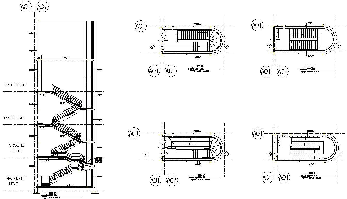 U - shaped staircase plan and section details in AutoCAD, dwg file.