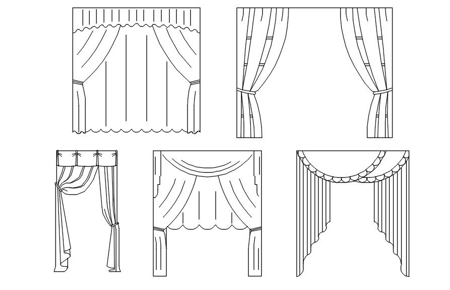 Various designs of curtain CAD blocks in AutoCAD 2D drawing, CAD file, dwg file