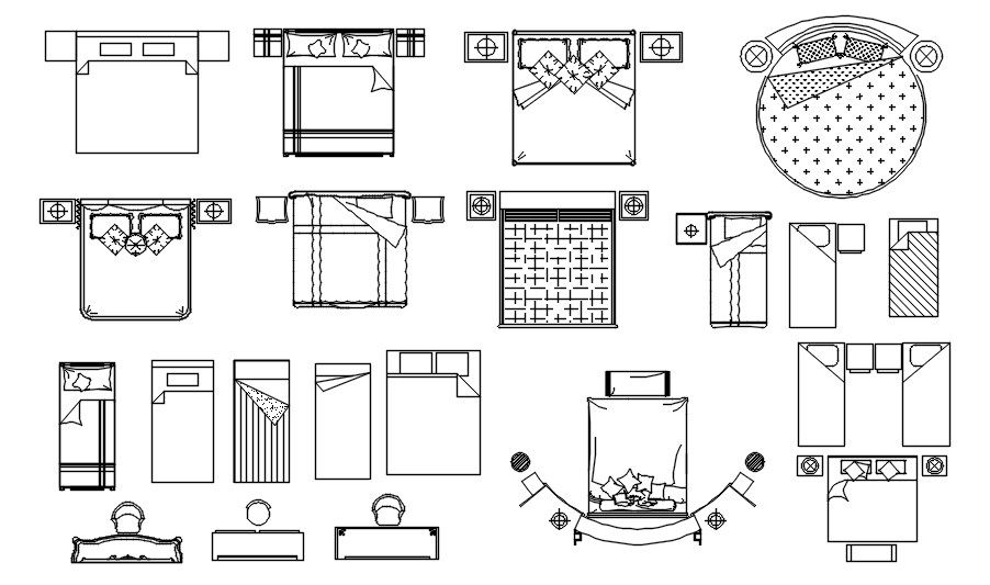 Various designs of double beds and single beds in AutoCAD 2D drawing, CAD file, dwg file