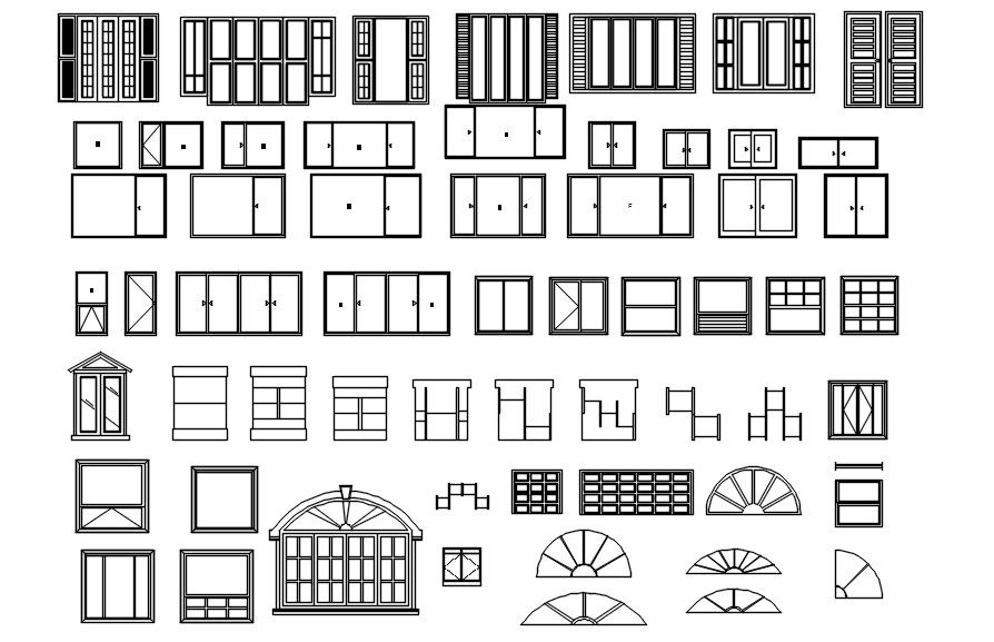 Various types of windows design in AutoCAD 2D drawing, CAD file, dwg file