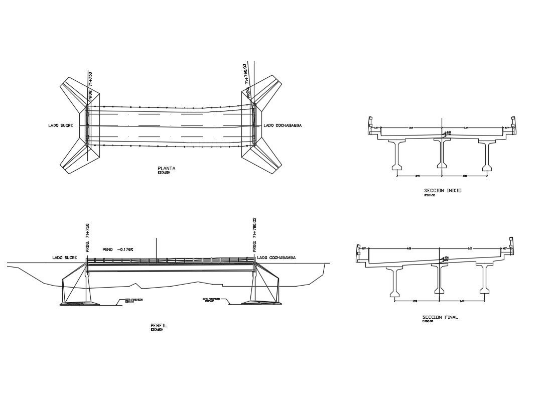 Vehicular bridge profile, section and plan details dwg file