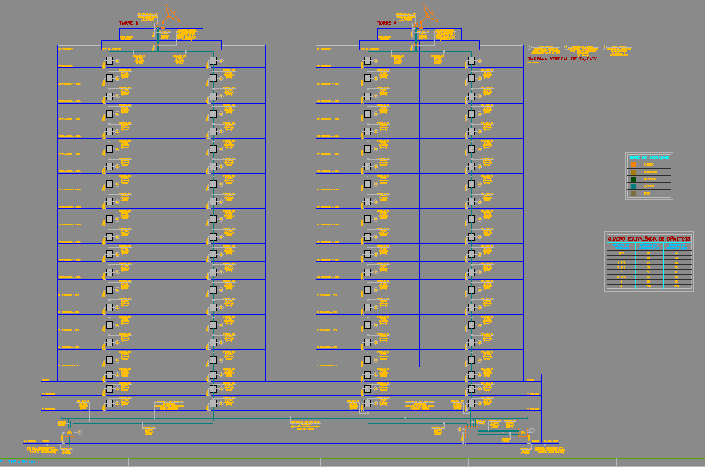 Vertical Plumbing Riser Layout for Twin Towers in DWG File