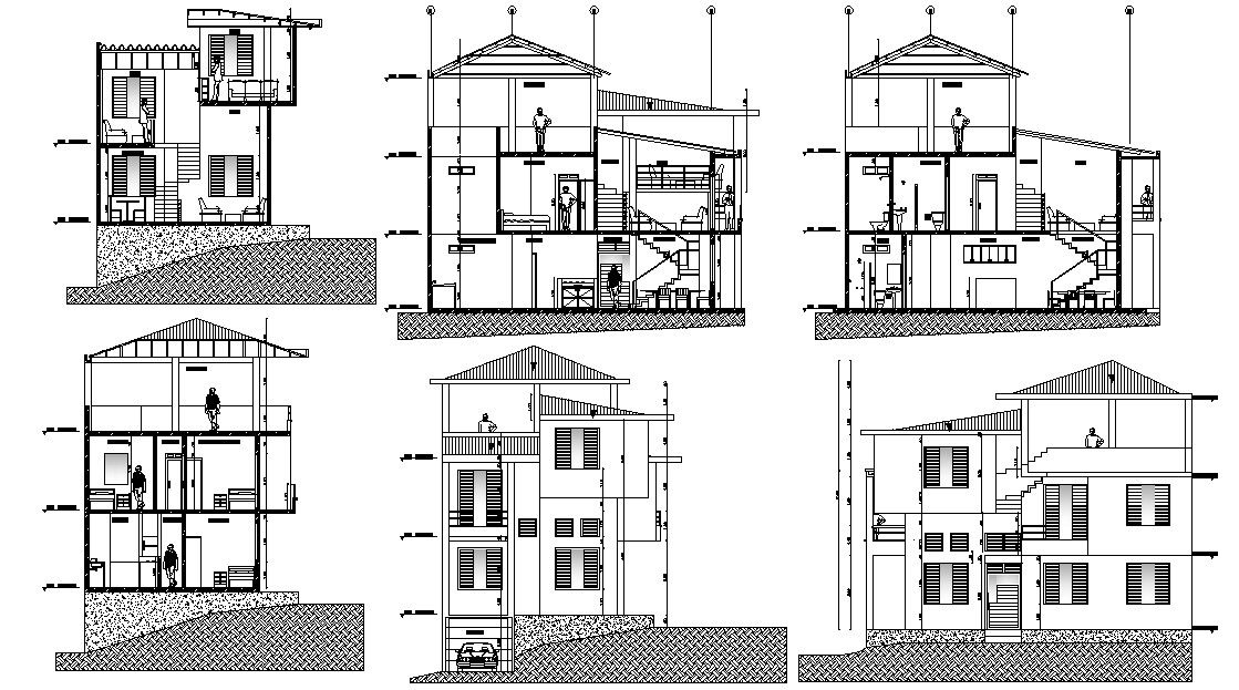 Villa Elevation and Section design AutoCAD drawing