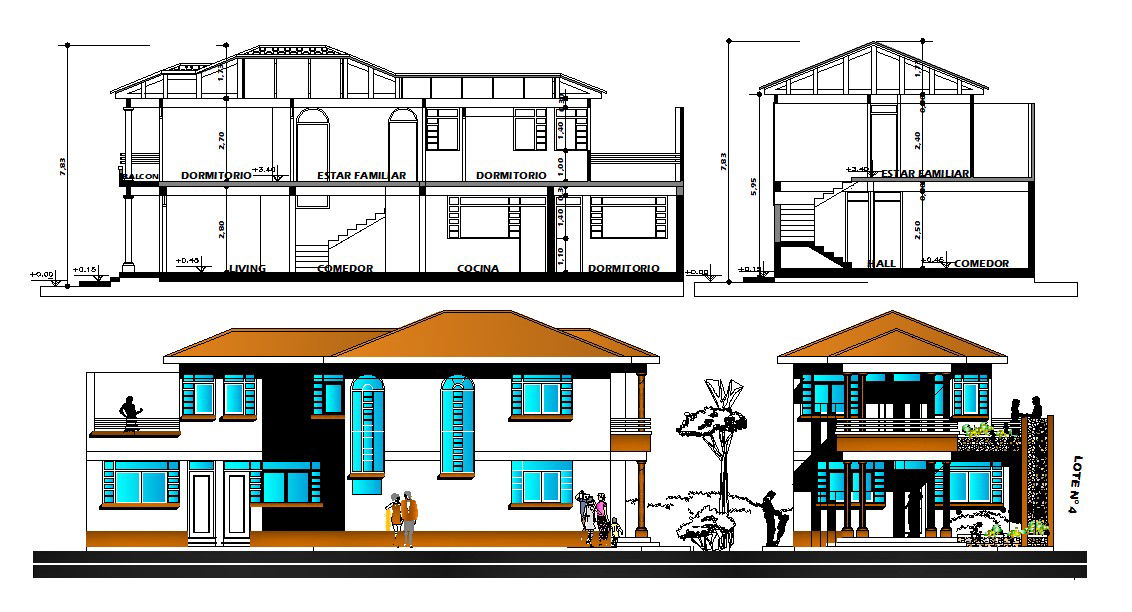 Villa House Design Elevation and Section Drawing