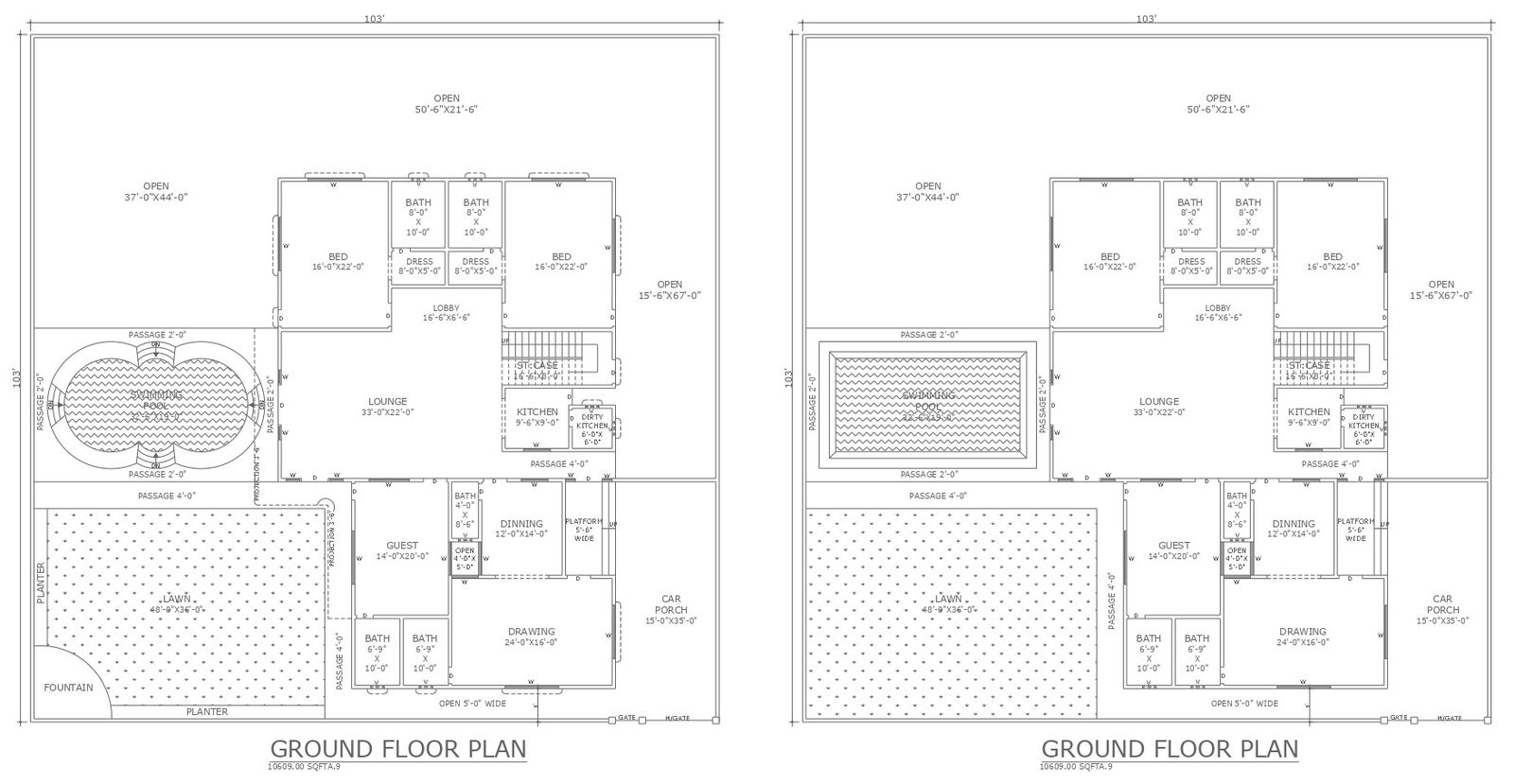 Villa design with options for swimming pool design autocad dwg drawing .
