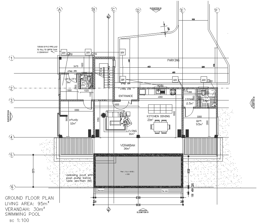 Villa design with pool details , and pool pump below dwg autocad drawing .