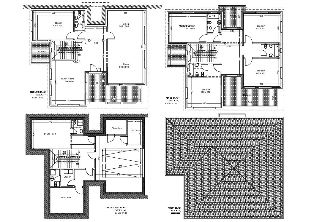 Villa of basement plan, ground floor, first floor and roof plan has given in Autocad 2D drawing file. Download DWG file.