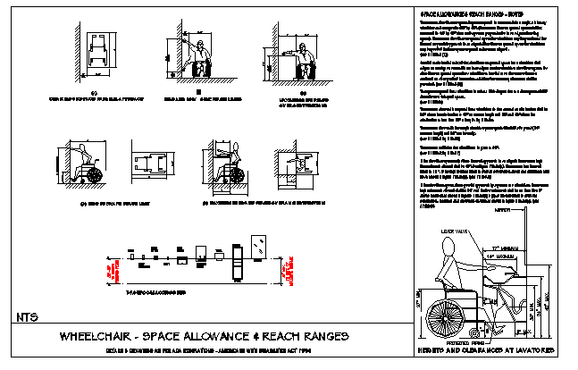 WHEELCHAIR - SPACE ALLOWANCE & REACH RANGES design drawing