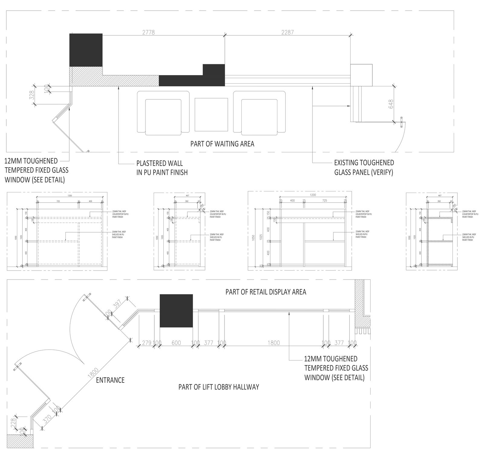 Waiting area and retail display area detail plan section and elevation DWG AutoCAD drawing