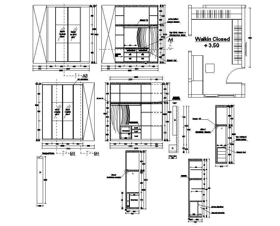 Walk-In Closet Design DWG File with Floor and Section Details