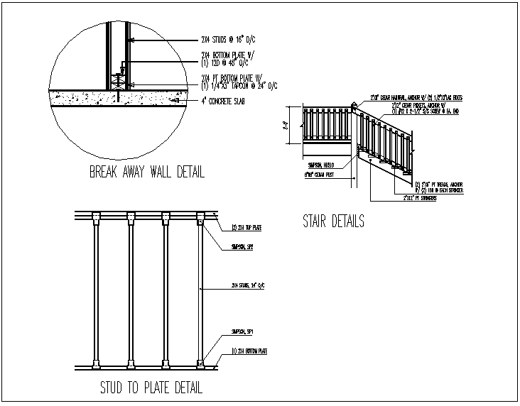 Wall, stair and plate section view detail dwg file