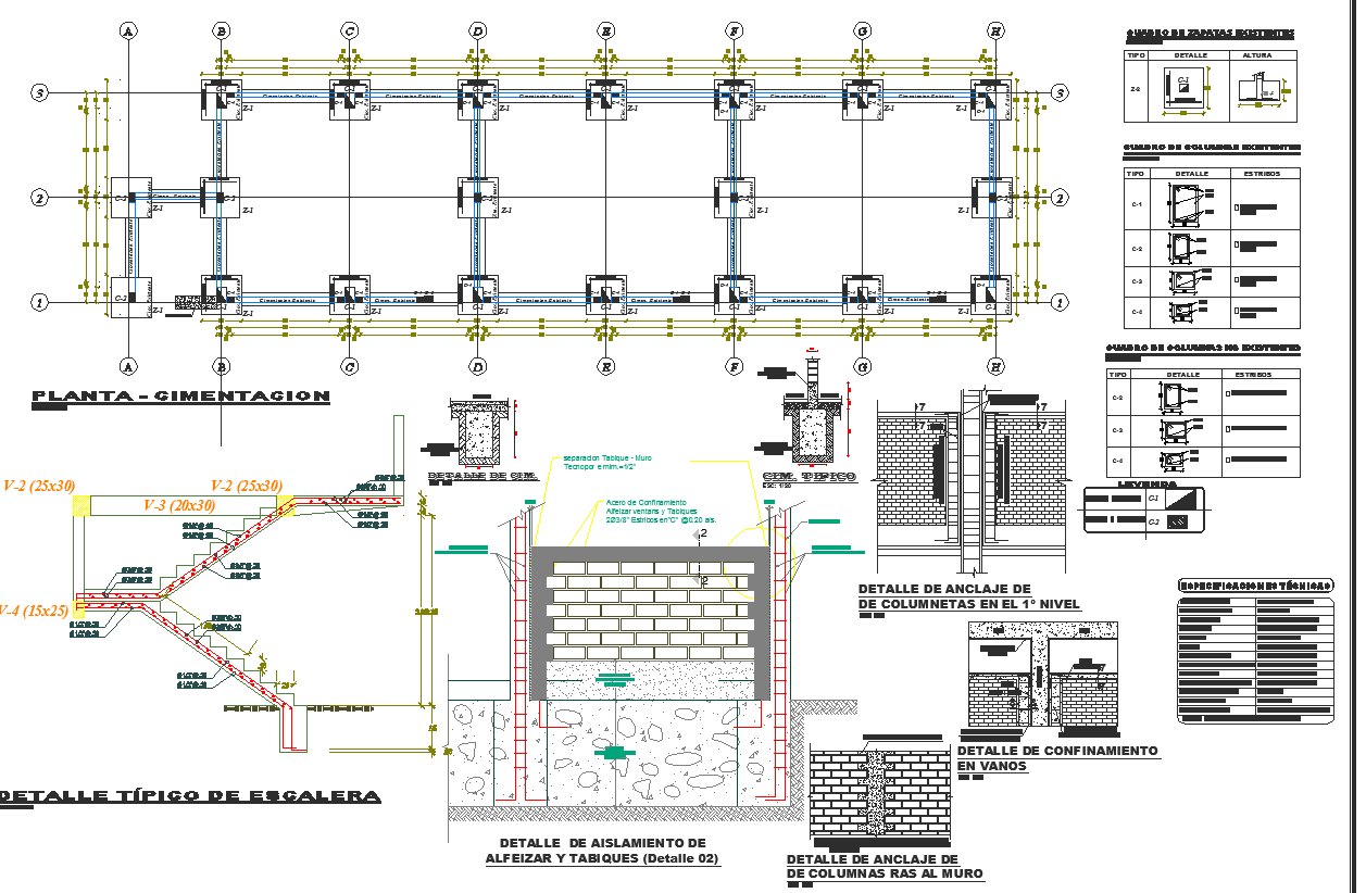 Wall,column and stair view with cementation plan of classroom dwg file