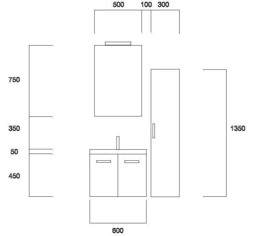 Wall Hung Wash Basin Cabinet Front Elevation Drawing