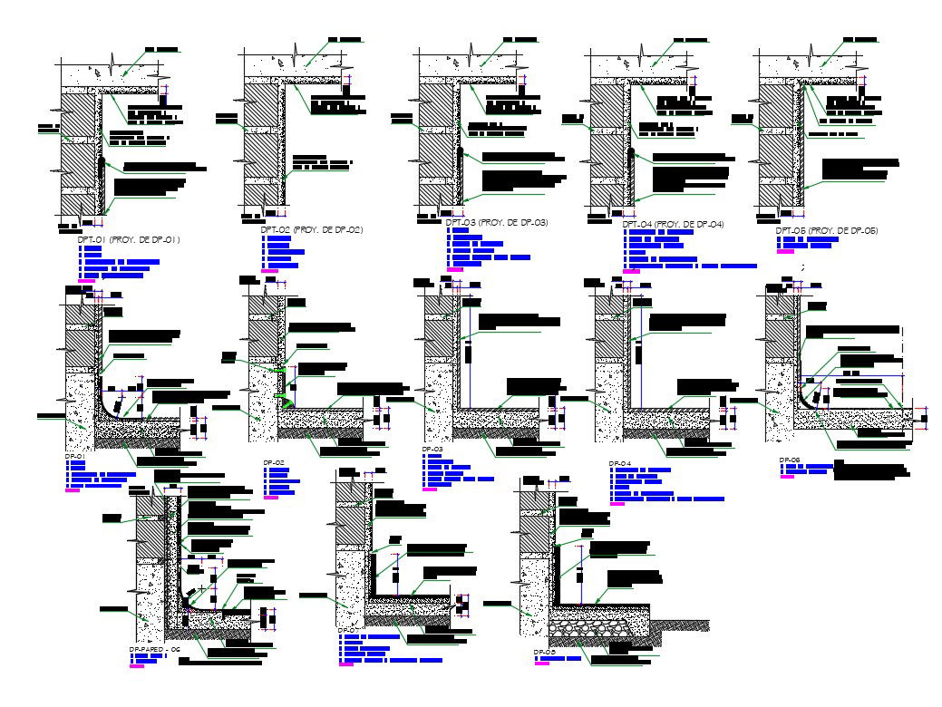 Wall construction details of all floors of building dwg file
