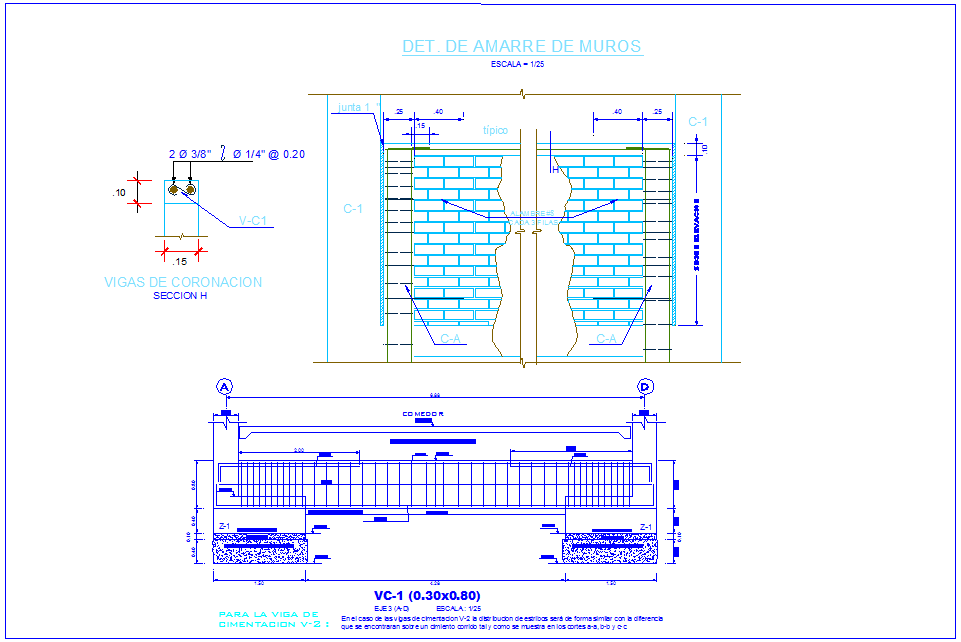 Wall elevation with view of detail with construction view dwg file