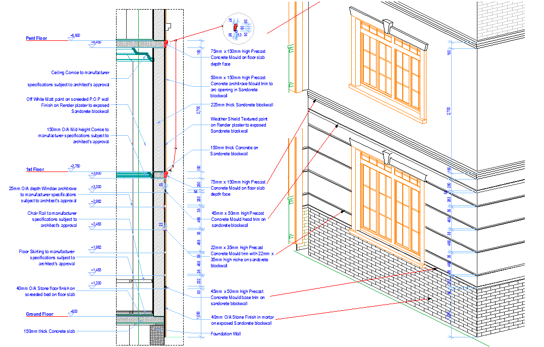 Wall interior exterior section plan detail dwg file