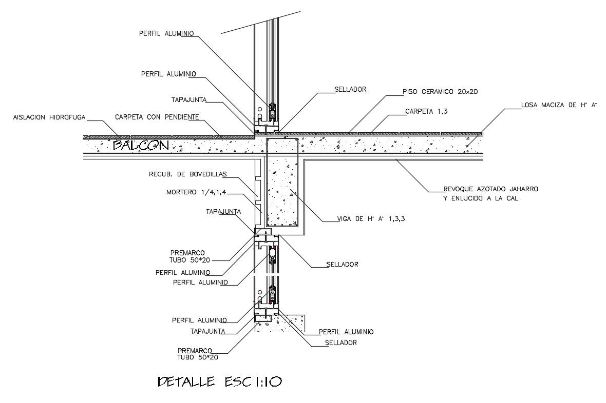 Wall of balcony cad construction details dwg file