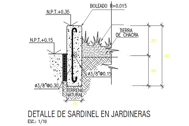 Wall section view of garden area detail dwg file