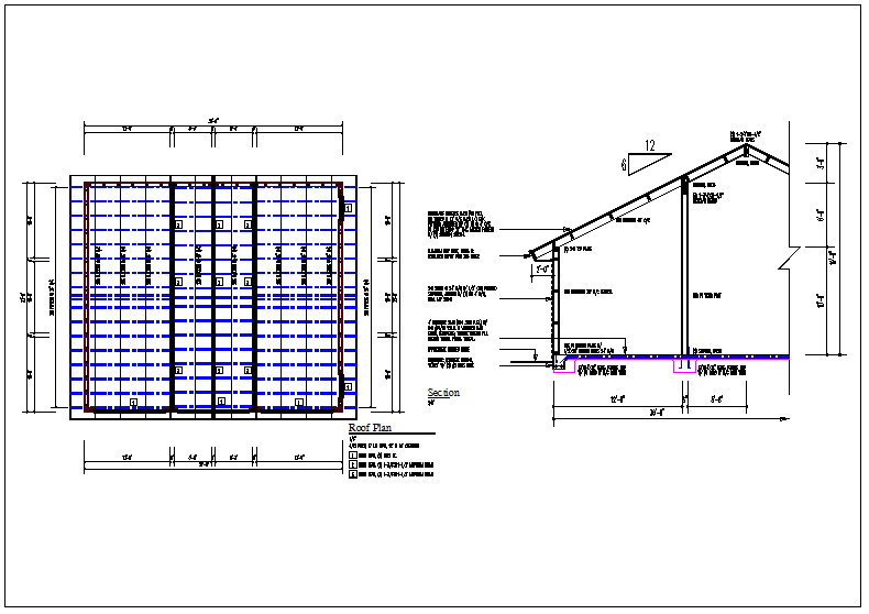 Wall section view of house detail and roof plan layout dwg file