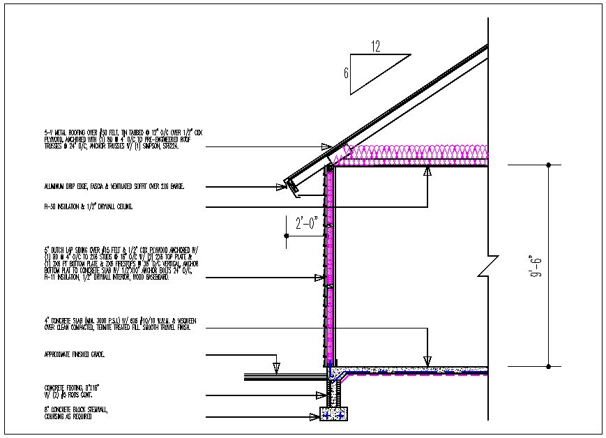 Wall section view of house detail and roof plan layout dwg file