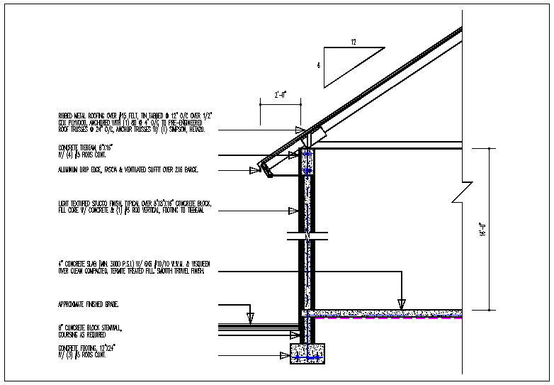 Wall section view of house detail and roof plan layout dwg file