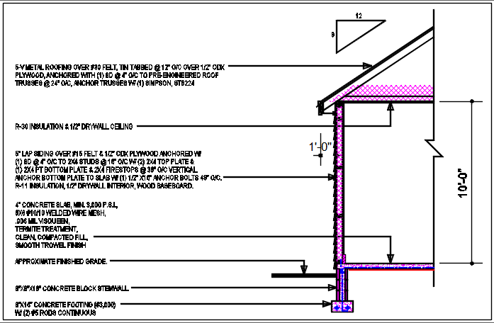 Wall section view of house detail dwg file