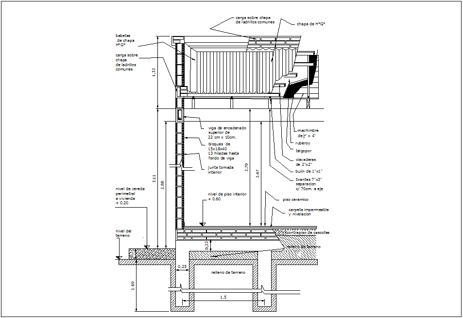 Wall view with metal sheet wit construction detail dwg file