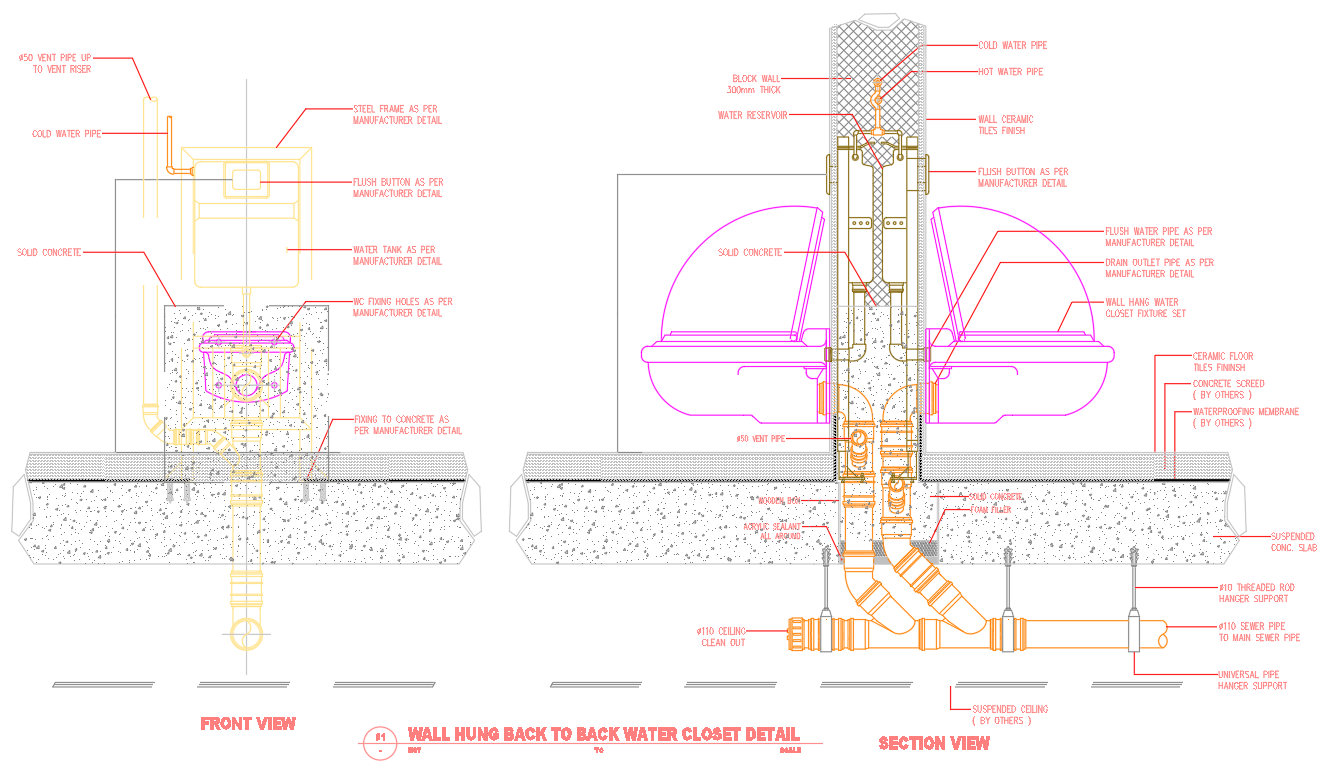 Wall-Hung Back-to-Back Toilet Installation in AutoCAD File