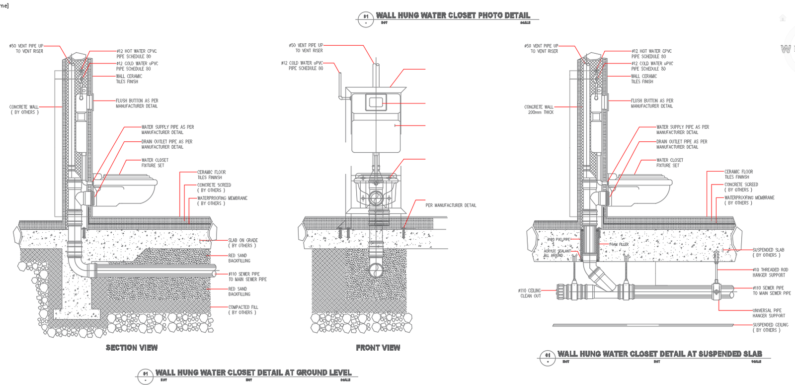 Wall Hung Water Closet Installation Details Plan in CAD File
