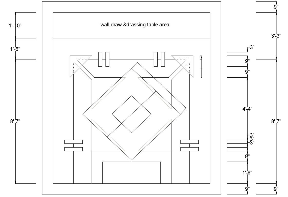 Wall draw and dressing table area design presented in this AutoCAD file. Download this 2d AutoCAD drawing file.