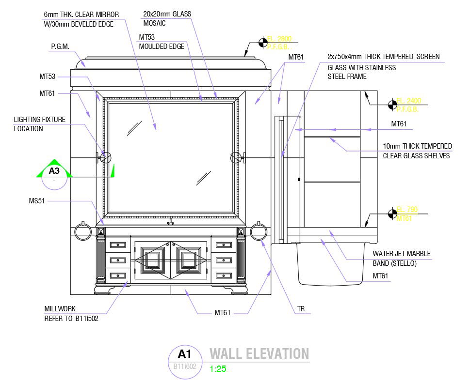 Wall elevation design in AutoCAD 2D drawing, dwg file, CAD file