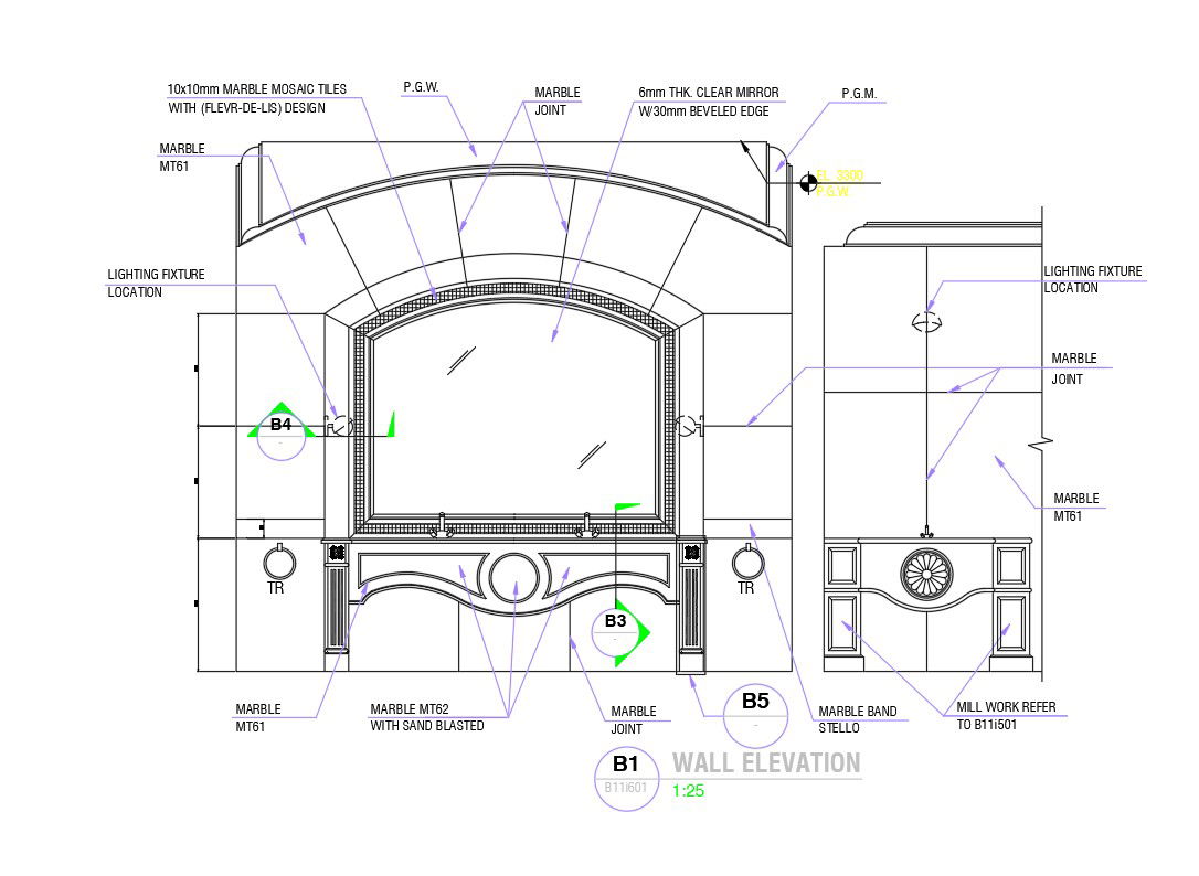 Wall elevation details in AutoCAD 2D drawing, dwg file, CAD file