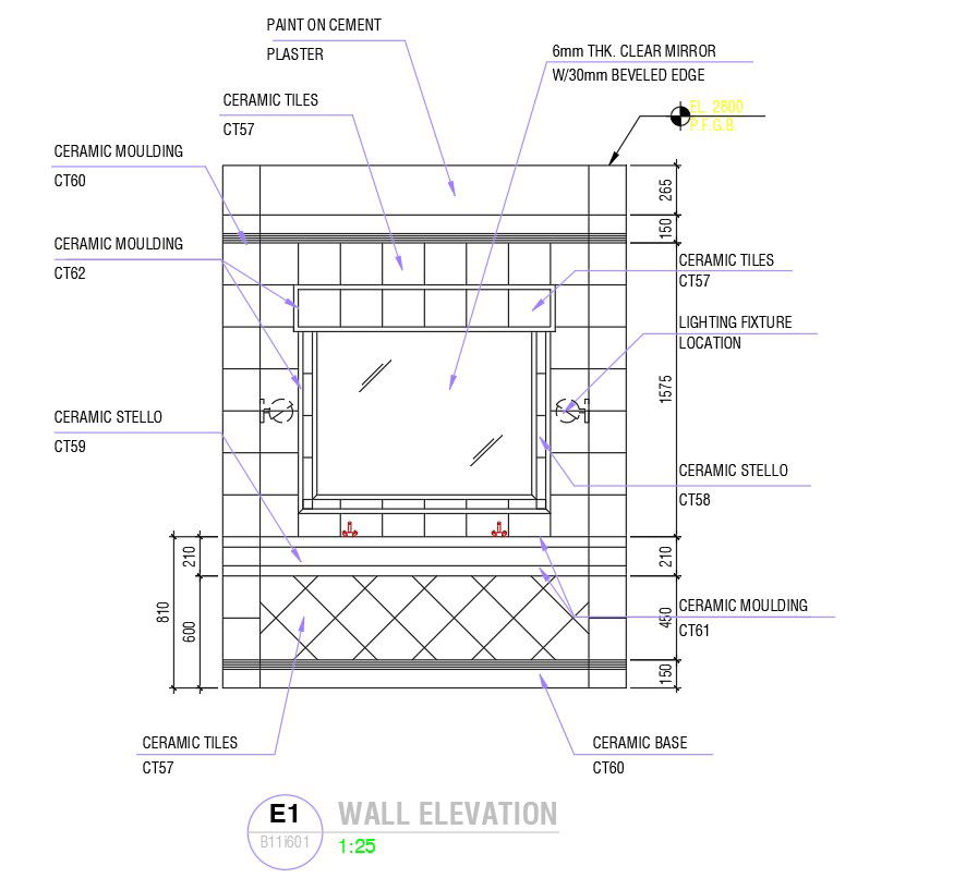 Wall elevation with details in AutoCAD 2D drawing, dwg file, CAD file
