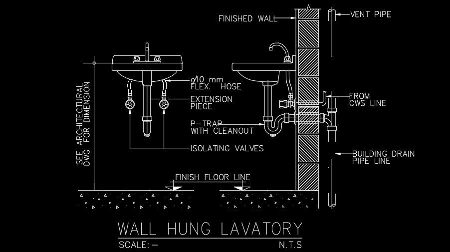 Wall hung lavatory AutoCAD drawing is given in this file