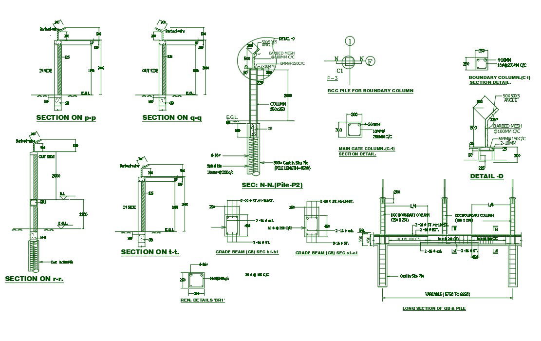Wall sections and boundary wall reinforcement details were given in the Autocad 2D DWG drawing file. Barbed wire were provided in the wall section. Download the Autocad 2D file.