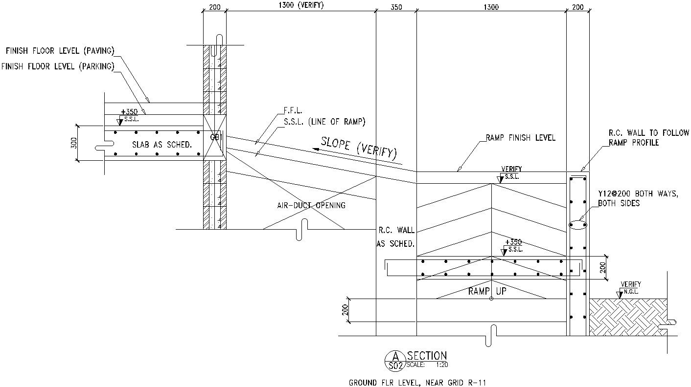 Wall to follow ramp profile detail drawing in AutoCAD, dwg file.