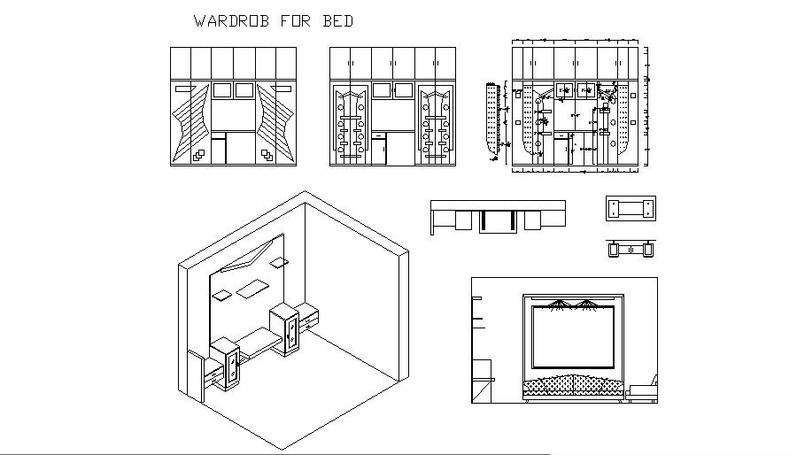 Wardrobe for bedroom elevation and furniture details dwg file