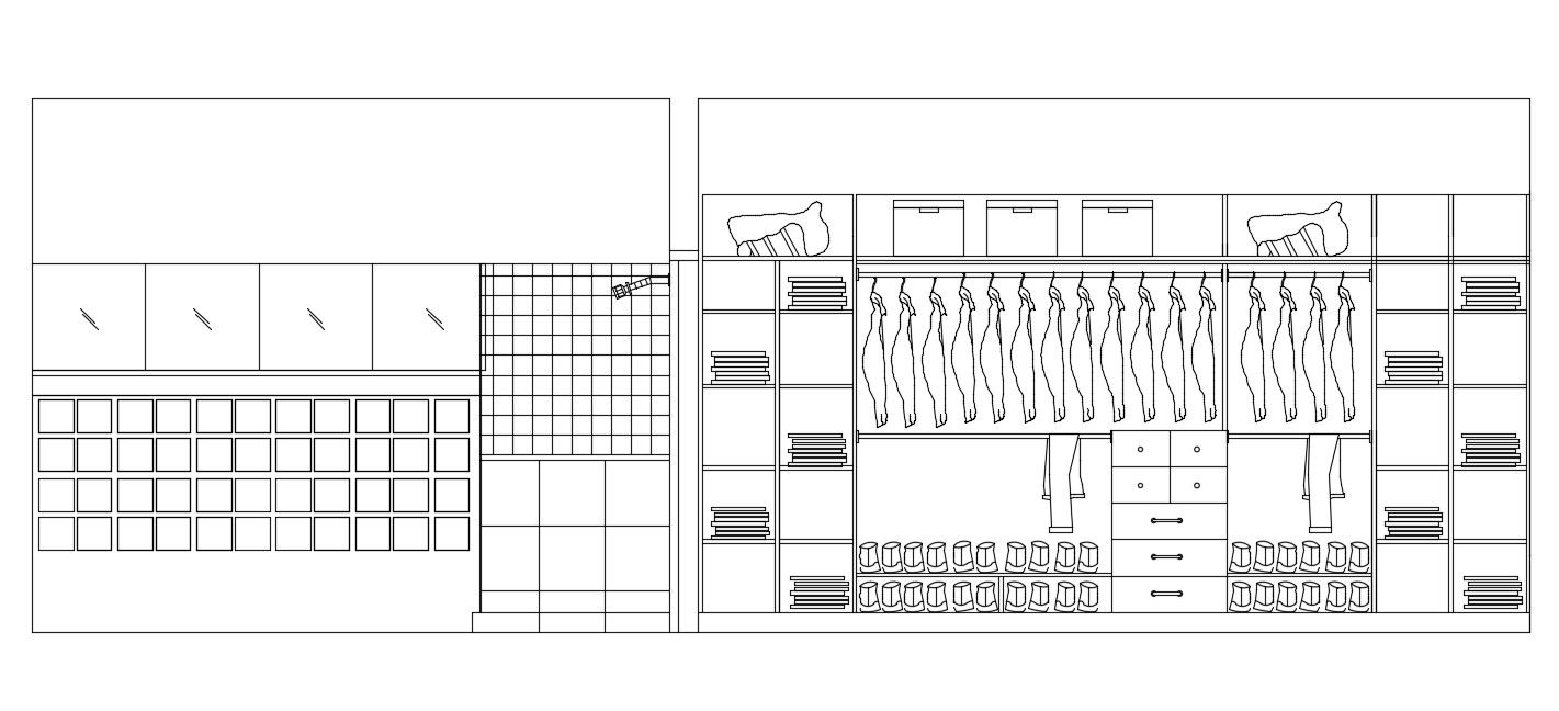 Wardrobe elevation detail defined in this AutoCAD drawing file. Download this 2d AutoCAD drawing file.