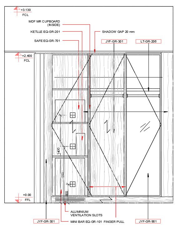 Wardrobe front elevation detail specified in this AutoCAD drawing file. Download this 2d AutoCAD drawing file.