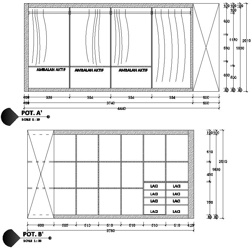 Wardrobe shelf details in Elevation in AutoCAD, dwg file.