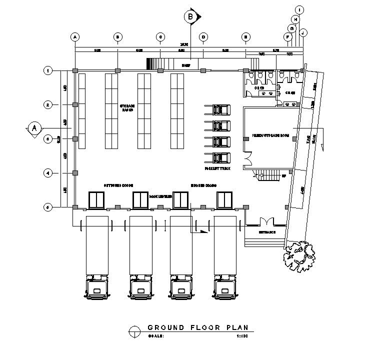 Warehouse ground floor plans are given in this AutoCAD DWG drawing. Download the free AutoCAD 2D DWG file.
