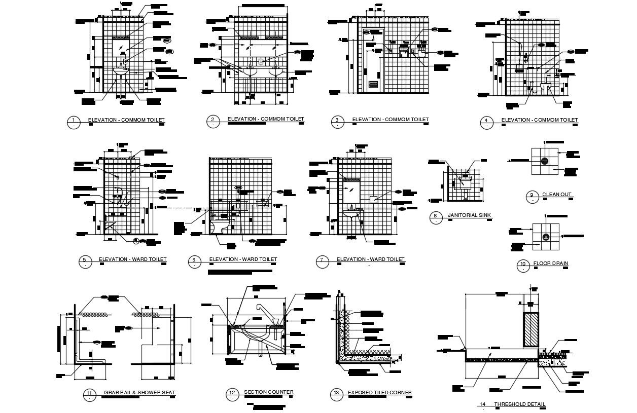 Wash Room Design Elevation and Section CAD Drawing