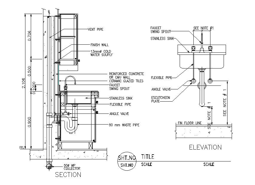 Wash Basin Section And Elevation Design AutoCAD File