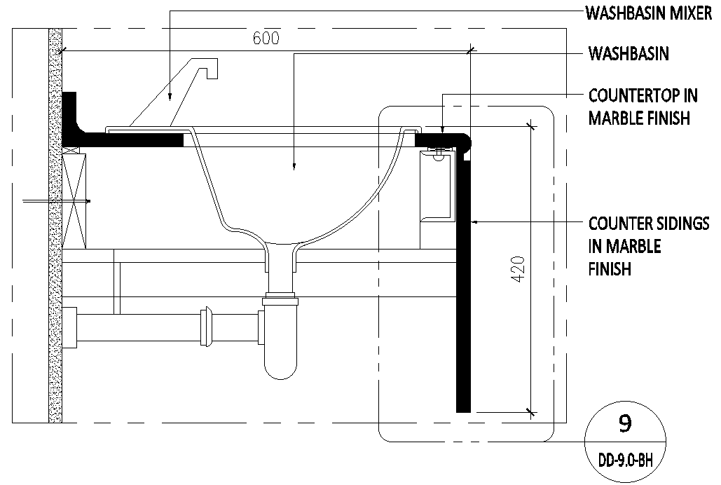 Washbasin mixer details with countertop in marble details dwg autocad drawing .